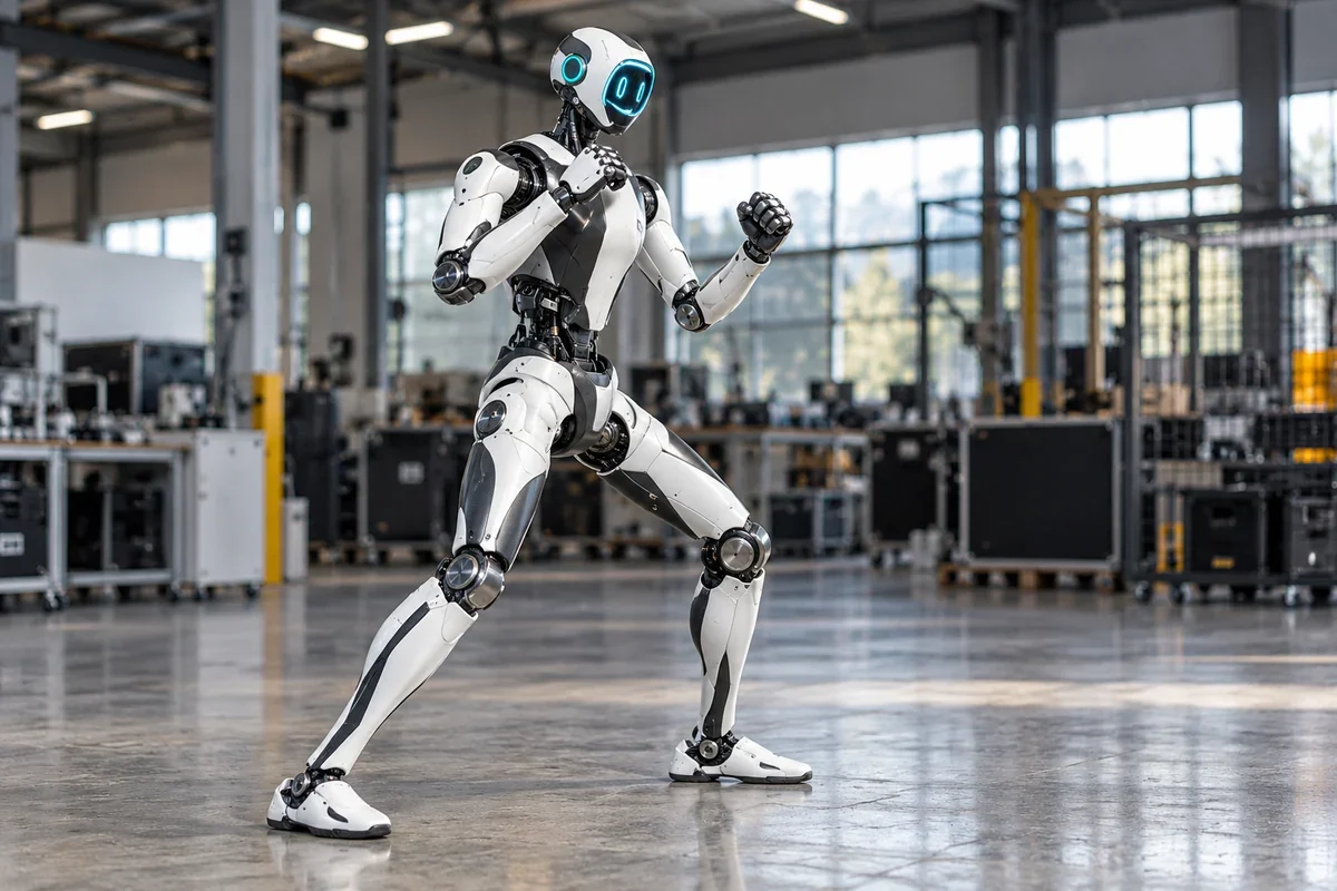 Illustration IA du robot Unitree H2-X blanc et noir en position de garde dans un atelier