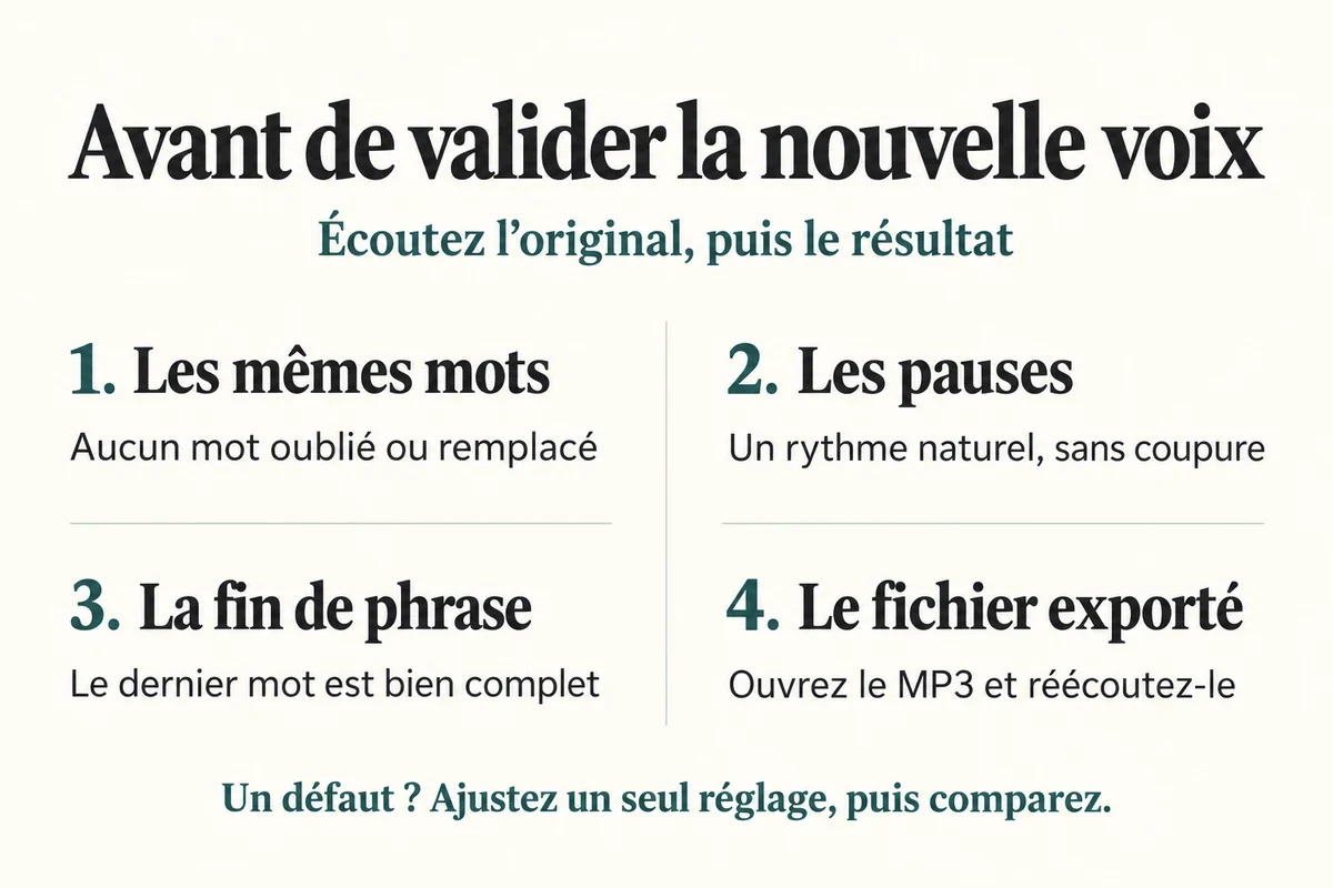 Quatre v&eacute;rifications apr&egrave;s un changement de voix, les mots, les pauses, la fin de phrase et le MP3 export&eacute;